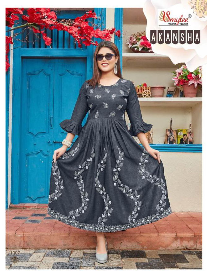 Smylee Akansha Rayon Printed Regular Wear Anarkali Kurti Collection